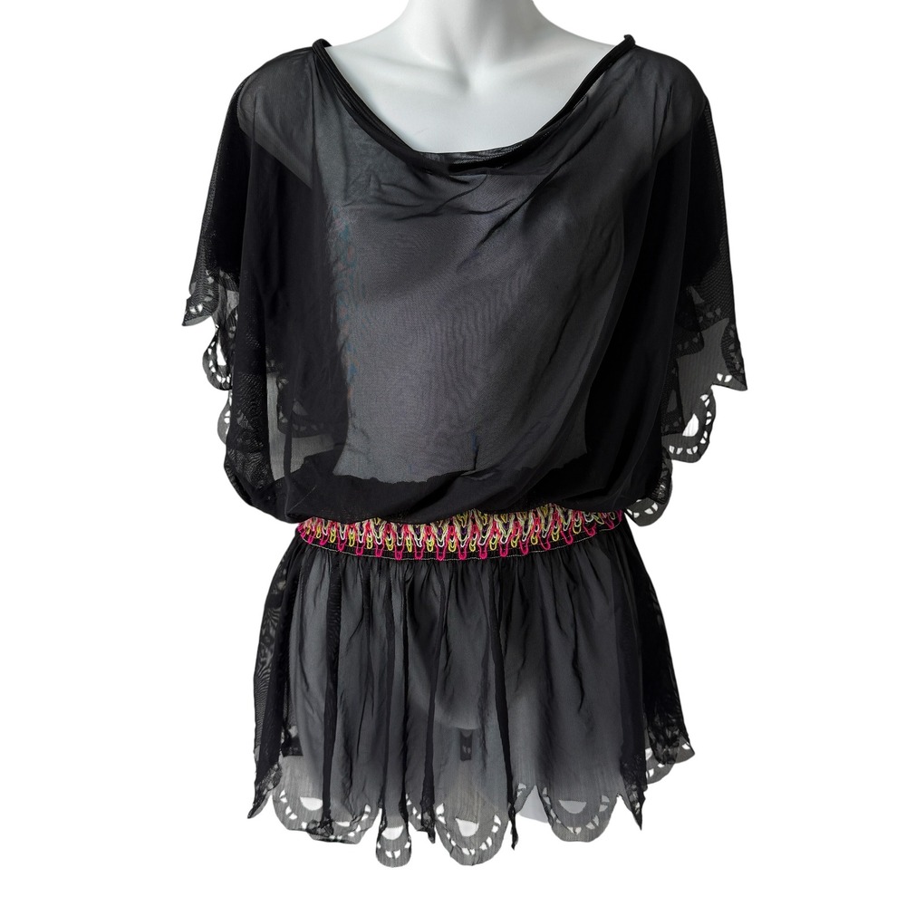 Womens Black Mesh Cover Up Dress One Size Neon Scalloped Sheer Festival Rave
